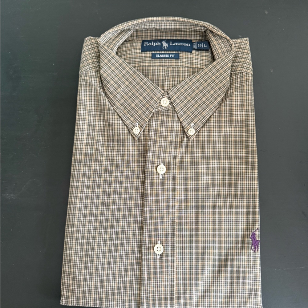 Ralph Lauren Men's Tan Checkered Button Down Shirt